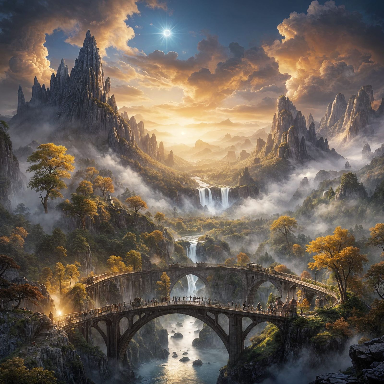 Misty Mountain Valley with Trains at Twilight