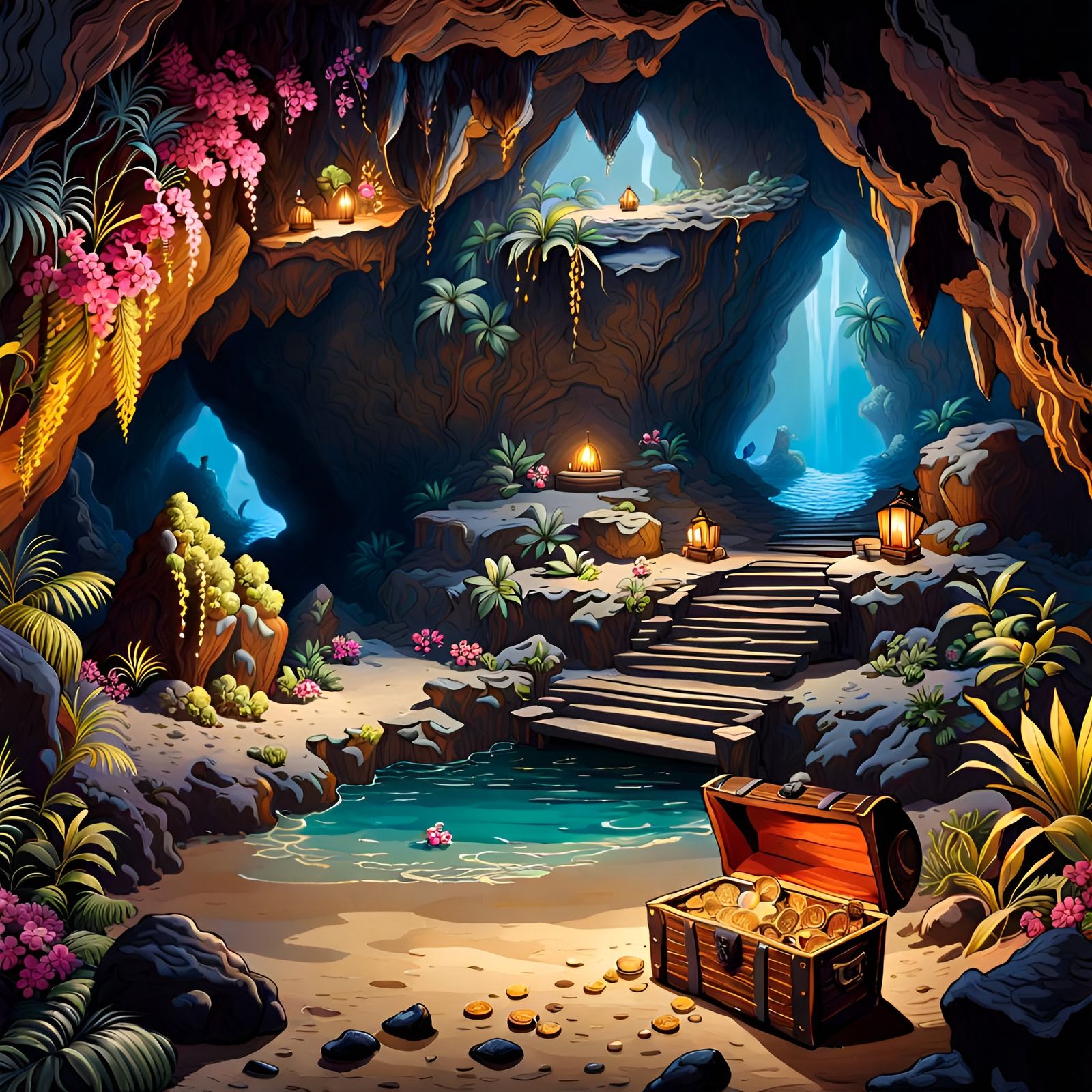 Underground Cave with Pirate Treasure: Digital Art