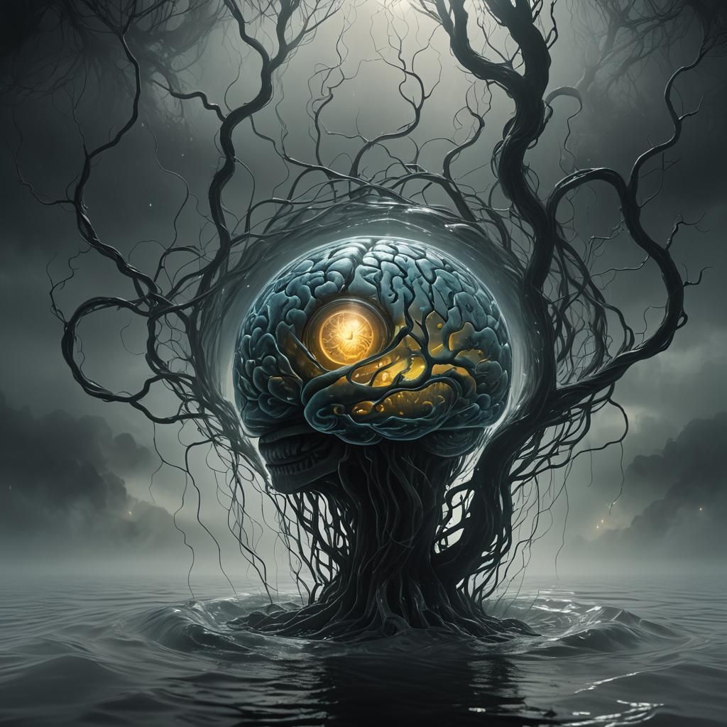 Eerie Dark Fantasy: Glowing Brain Encased in Glass