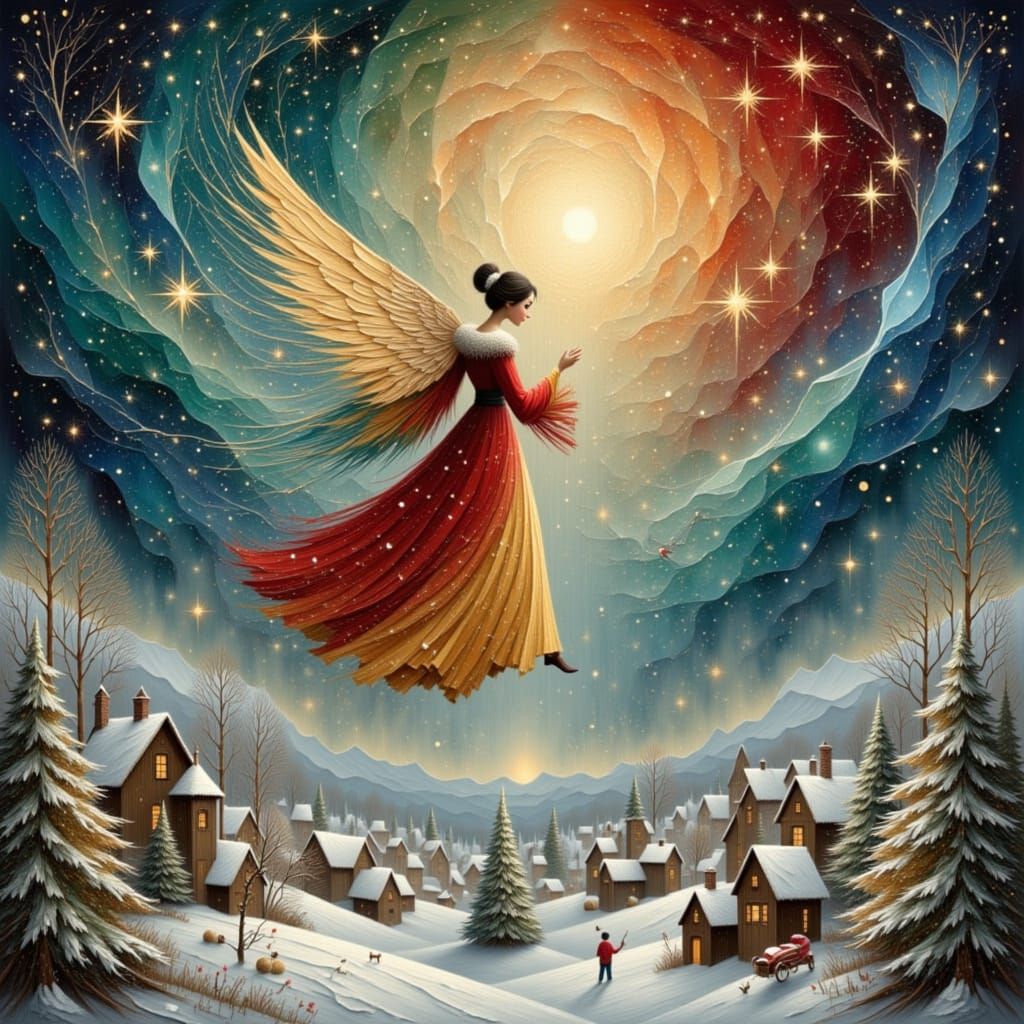Christmas Angel Descends Over Snowy Village in Nebula