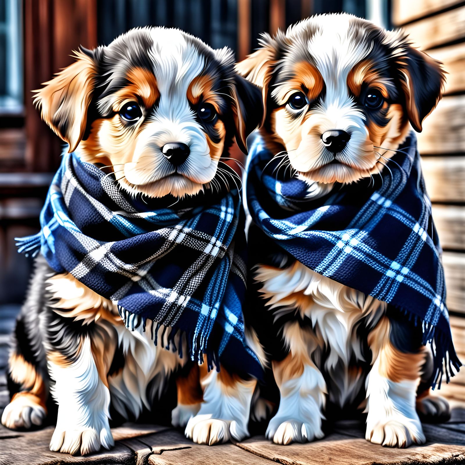 Cute Puppies with Plaid Scarves in Hyperrealistic Style