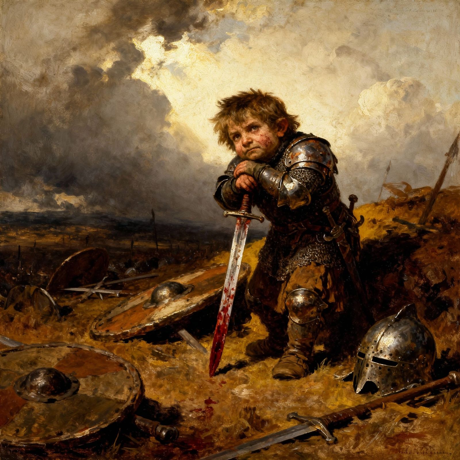 Halfling Fighter on Battlefield in Moody Oil Painting Style