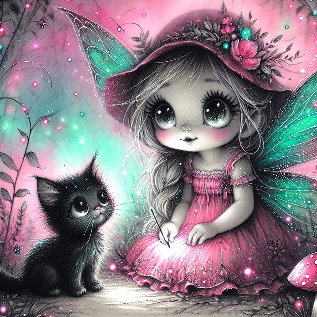 Charming Fairy and Kitten in Whimsical Charcoal Art