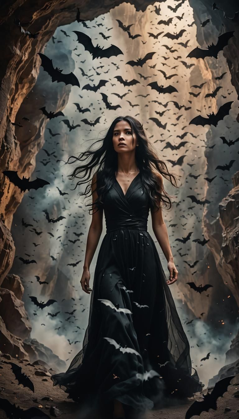 Ethereal Cave: Woman Surrounded by Bats