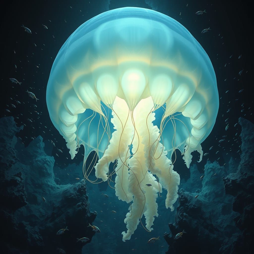 Bioluminescent Jellyfish in Deep-Sea Trench