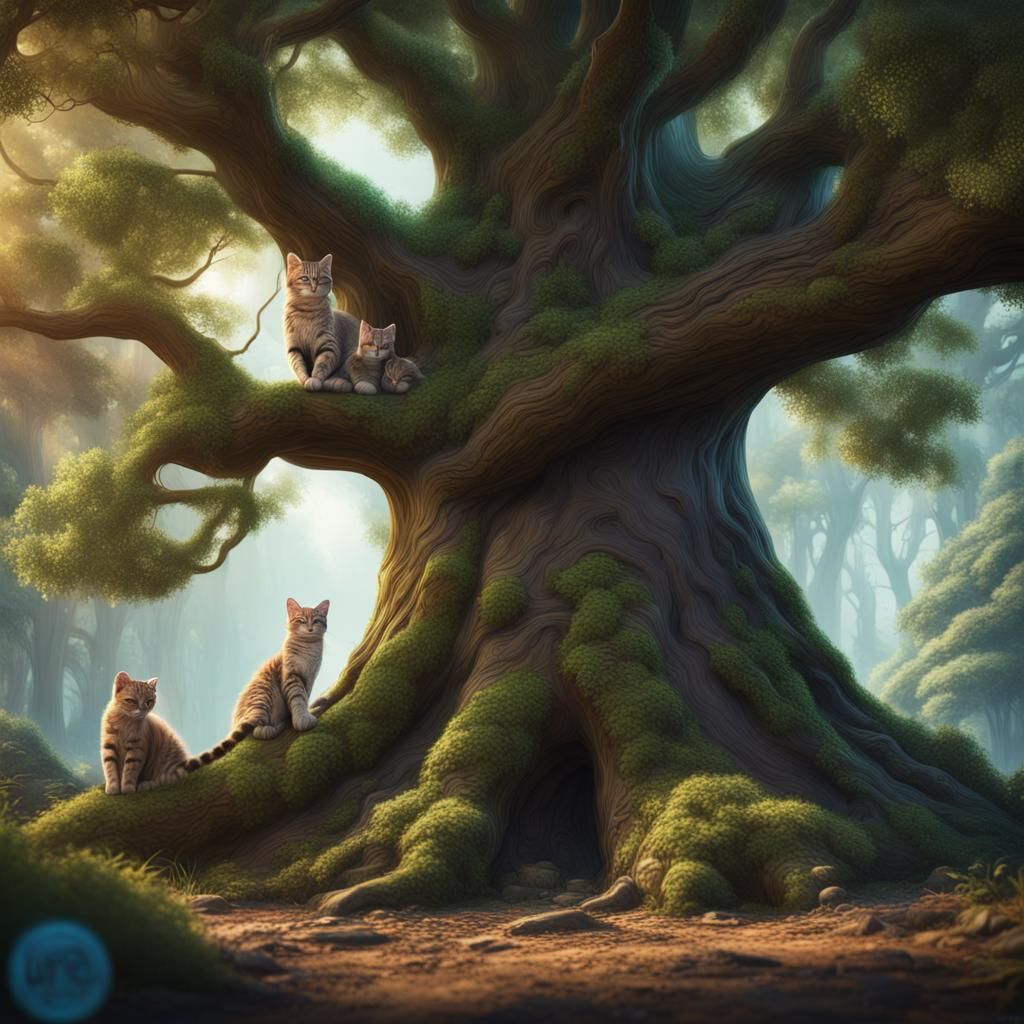 Detailed Painting of a Cat Family in Nature