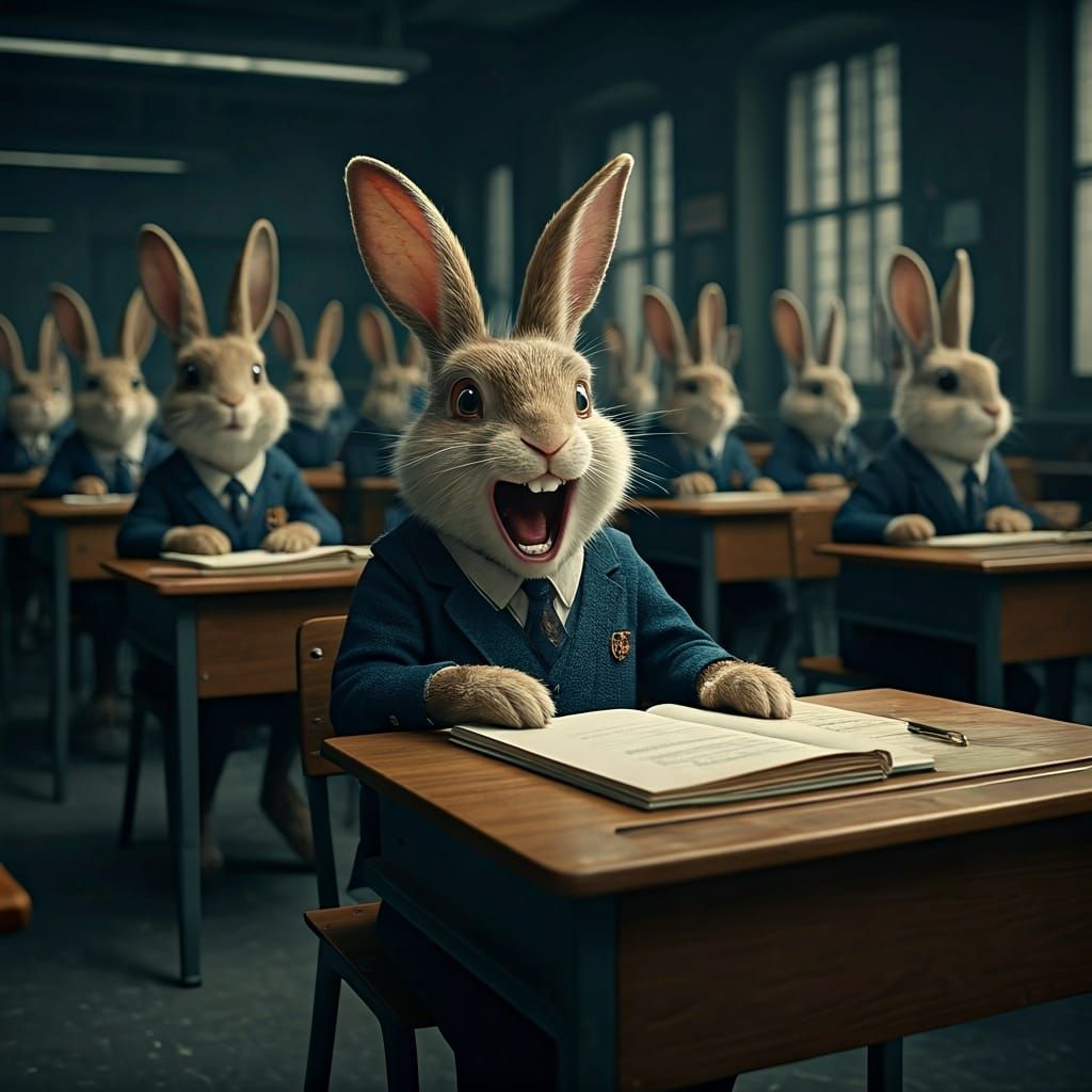 Rabbits in Classroom Laughing: Cinematic Film Still