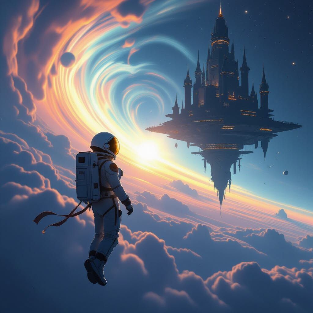 Astronaut Tethered to Castle Space Station