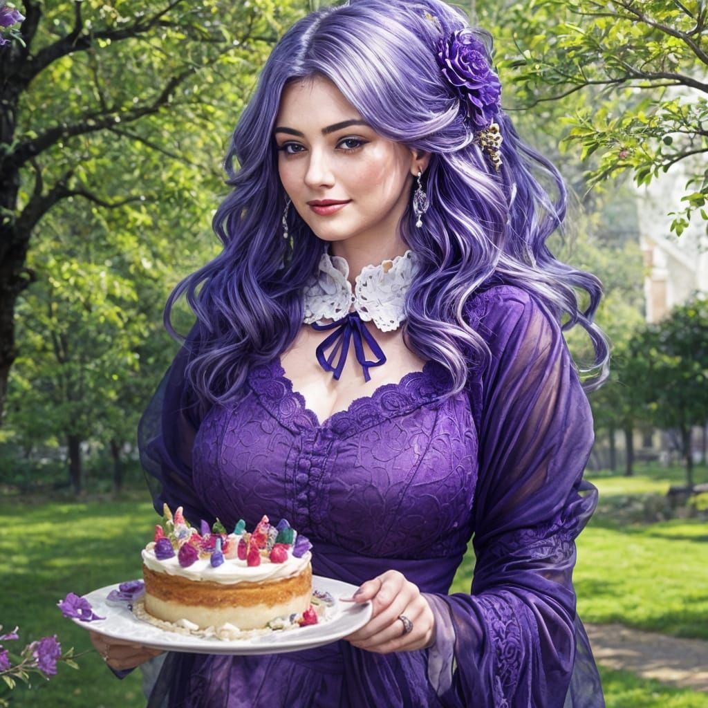 Lady with Purple Hair Having Picnic in Park