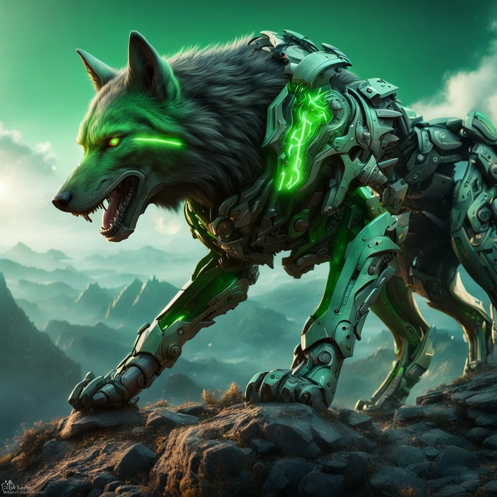 Green Cyborg Wolf with Fire, Detailed Matte Painting