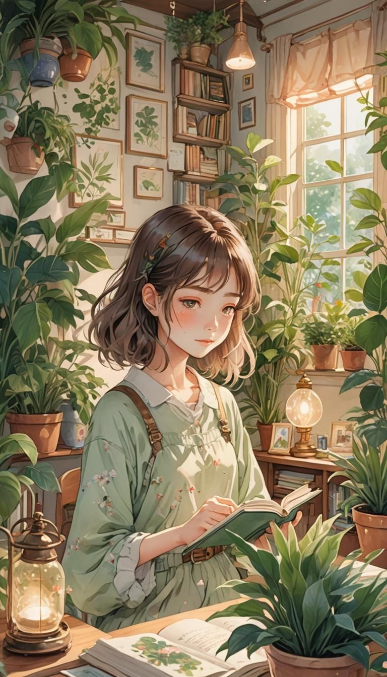 Anime Girl in Cozy Bedroom with Watercolor Textures