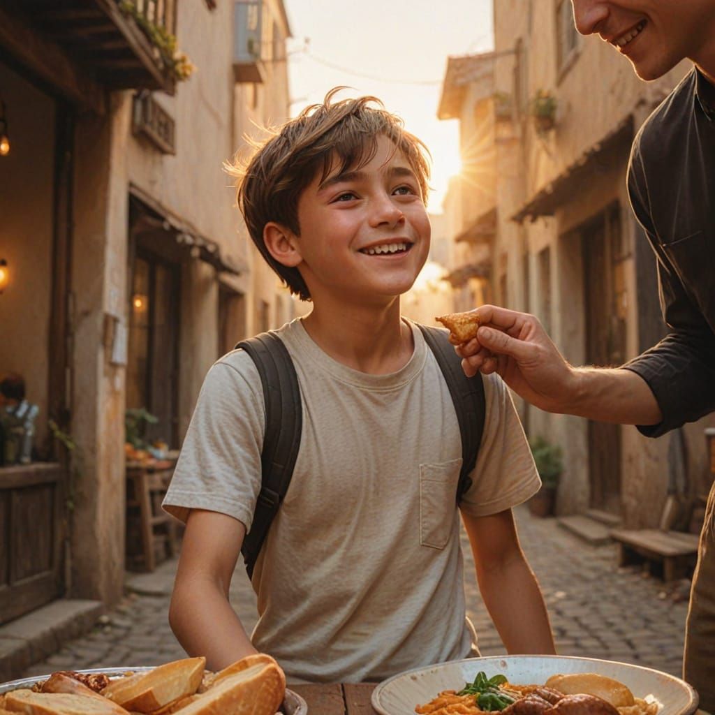 Boy Gratefully Receives Food In Vibrant Oil Painting