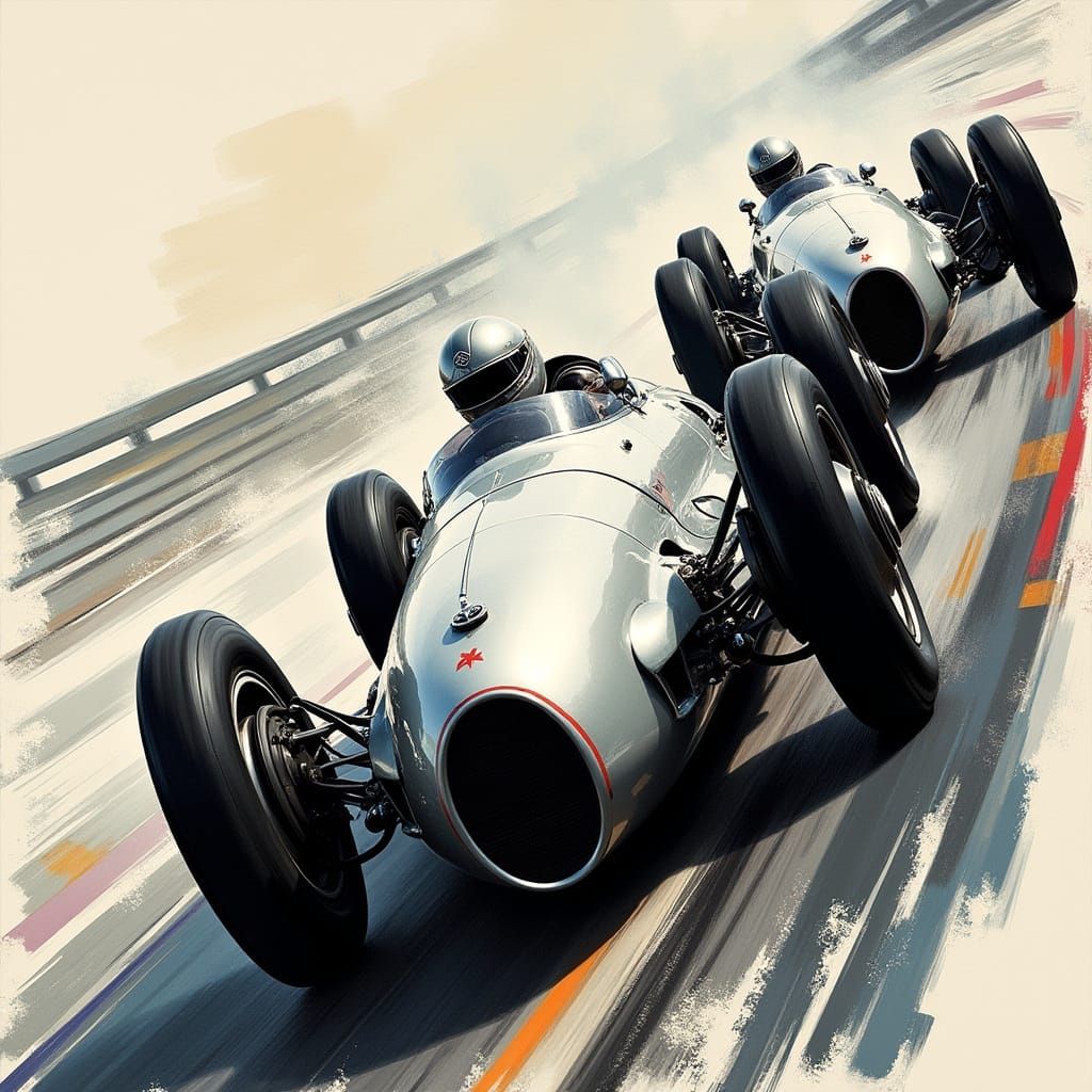Retro Futuristic 1937 Mercedes Formula One Cars in High-Spee...