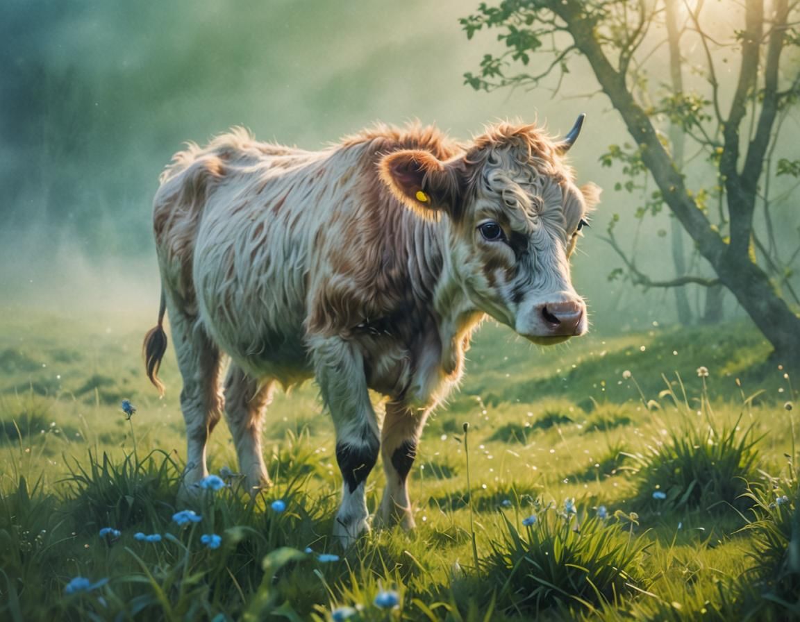 Baby Cow in Lush Meadow: Fantasy Concept Art