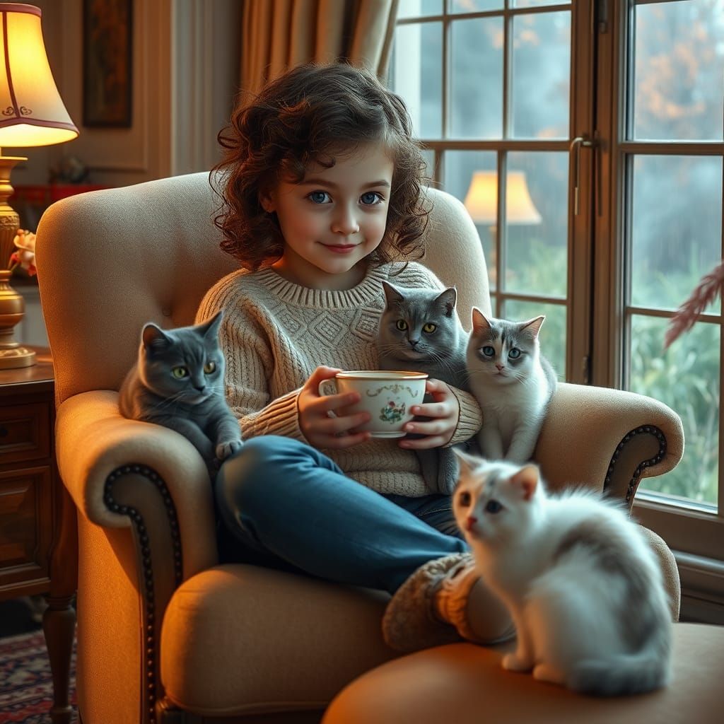 Cozy Autumn Tea Party with Cats, Hyperrealistic Illustration