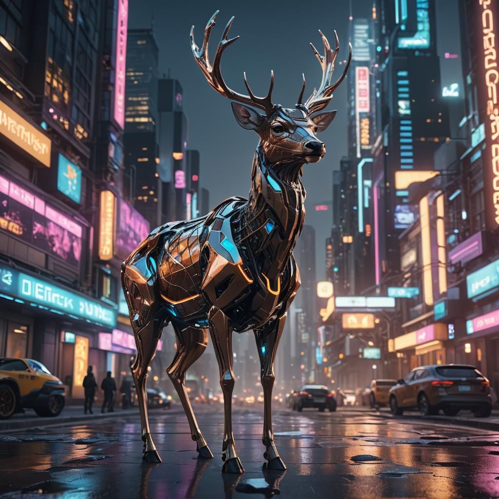 Futuristic Deer in Cyberpunk Cityscape