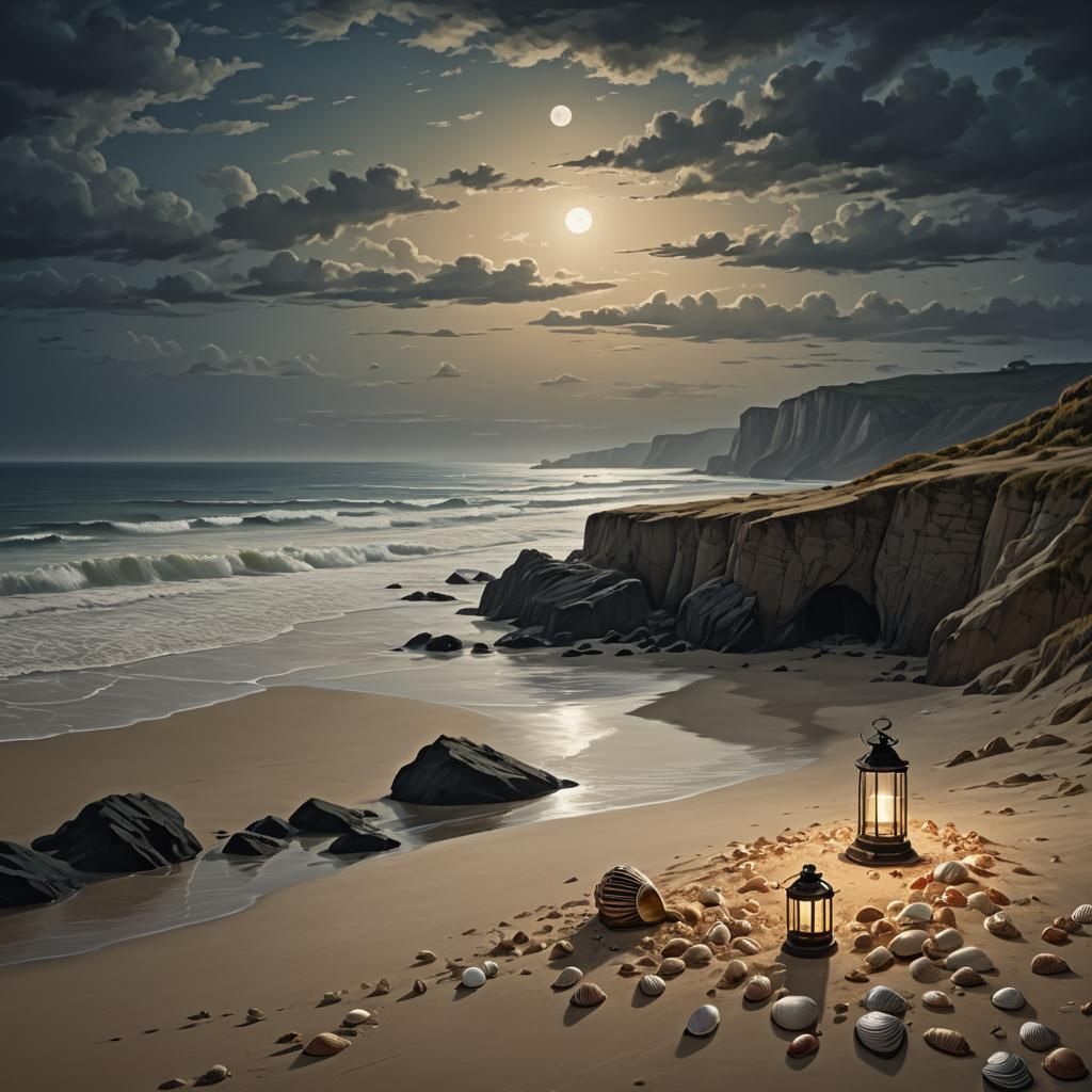 Lantern on Cliffside Beach at Night, Detailed Matte Painting