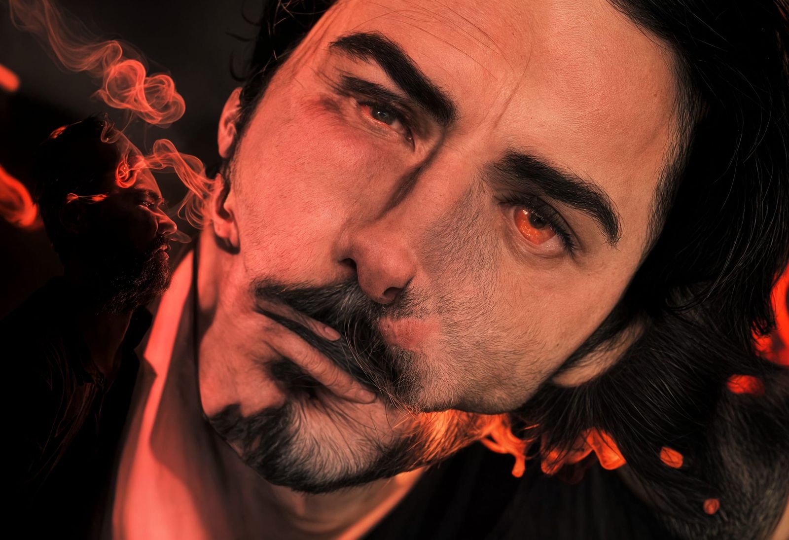 Ethereal Red Glow Surrounds a Stunned, Ageless Man