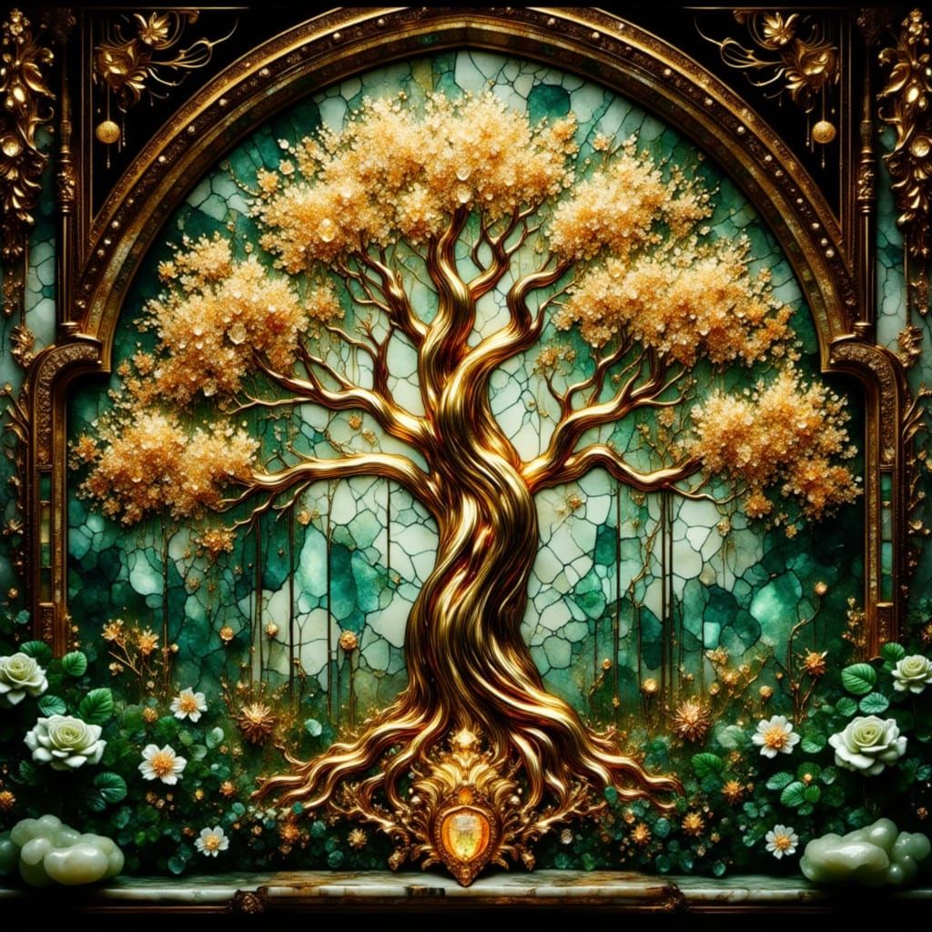 Golden Stained Glass Tree Window with Green Roses