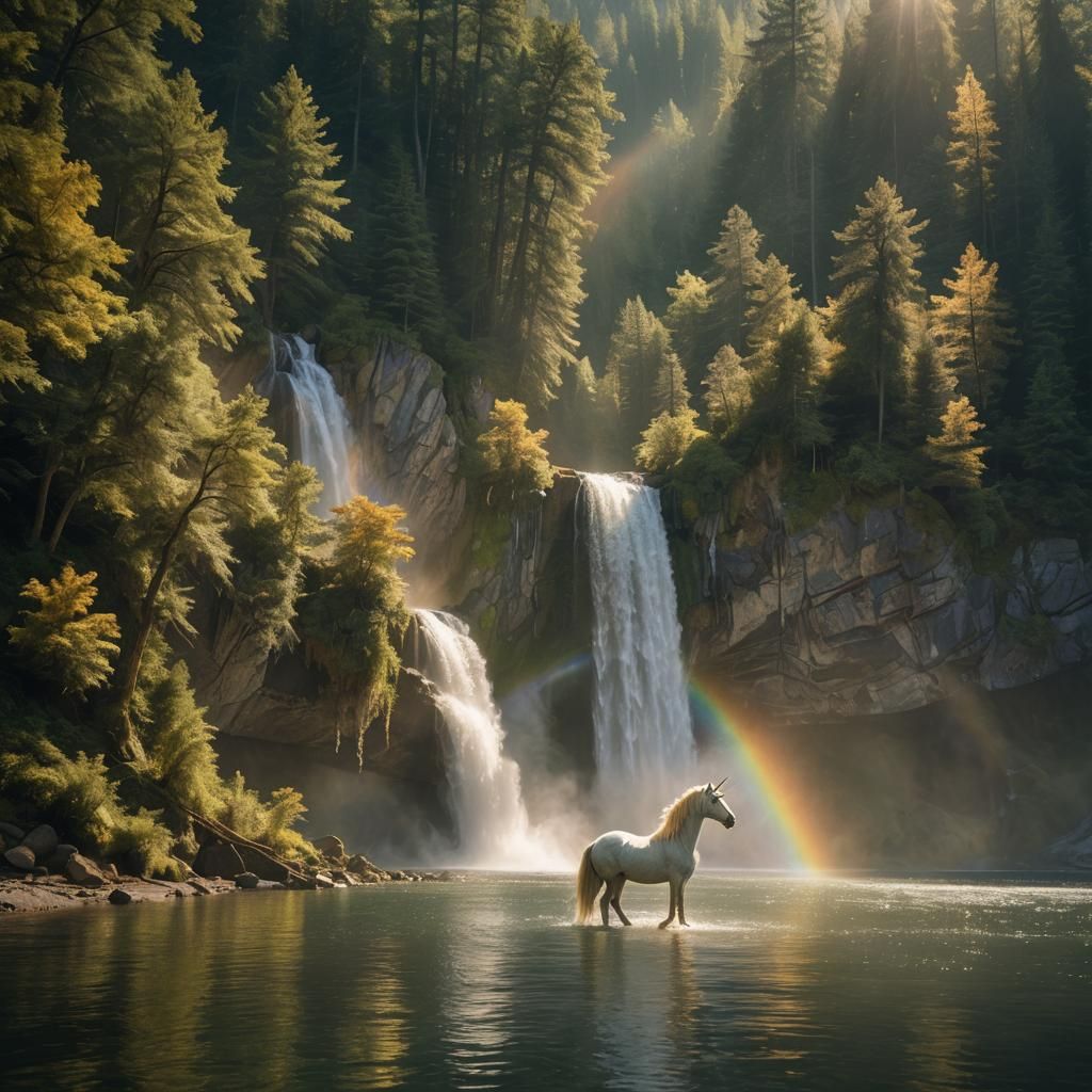 Enchanted Forest Waterfall with Unicorn: Cinematic Anime Art