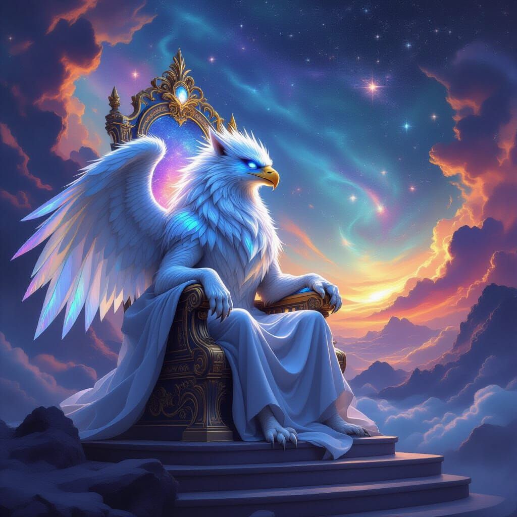 Majestic Gryphon on Celestial Throne in Cosmic Nebula