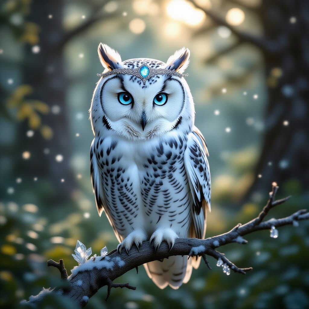 Majestic Snow Owl on Crystal Branch in Enchanted Forest