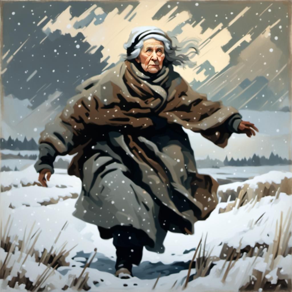 Avant-Garde Old Woman Struggles in Snowy Landscape