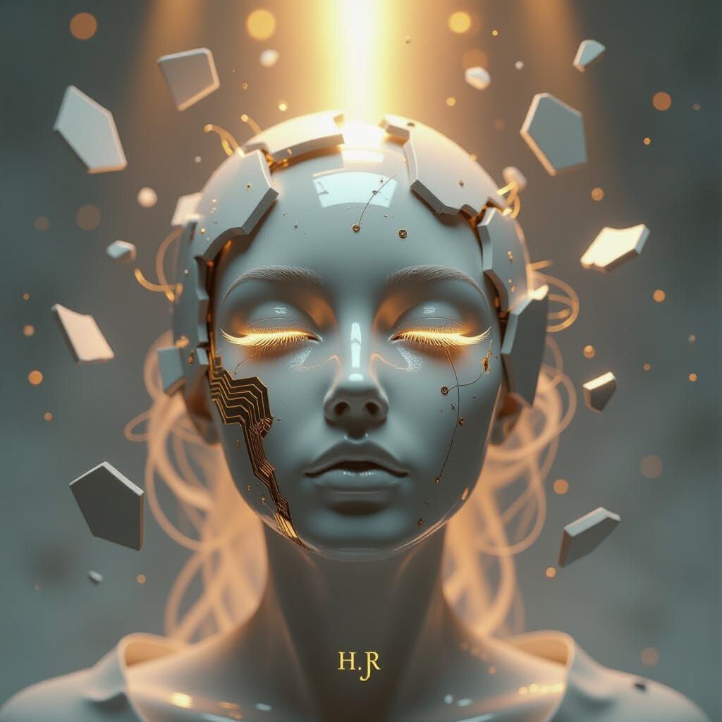 Ethereal Face Emerges from Shattered Porcelain Mask