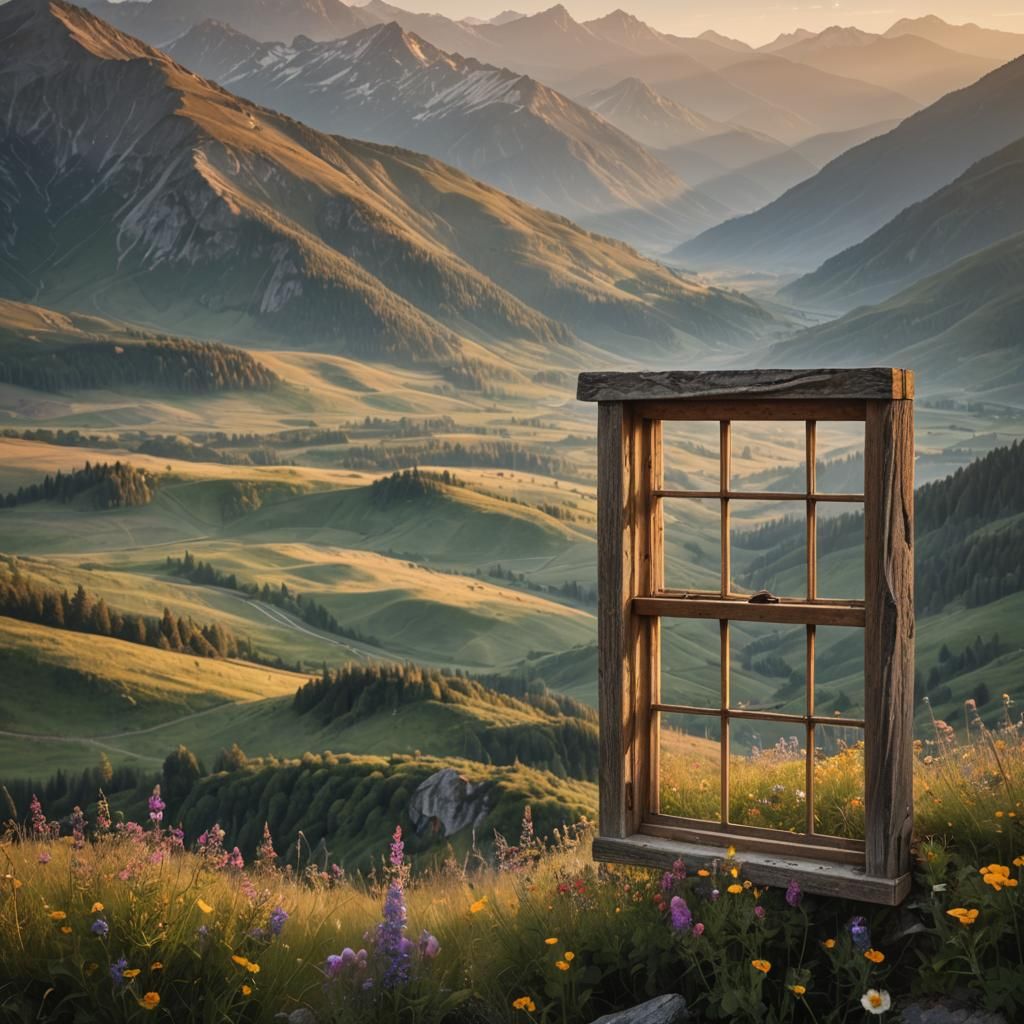 Window Overlooking Mountain Landscape at Sunrise