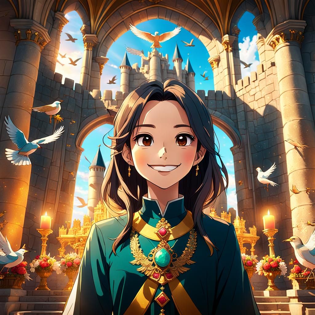 Anime Lady in Castle with Birds, Studio Trigger Style