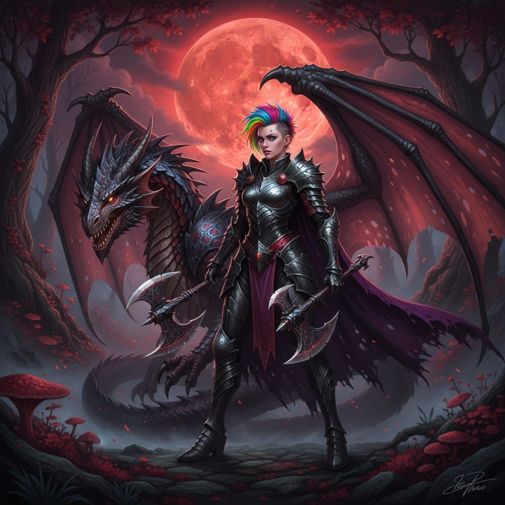 Gothic Warrior with Neon Hair and Dragon Under Blood Moon