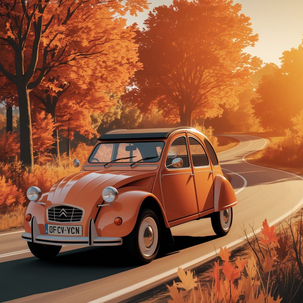 Vibrant Autumn Scene of Orange Citroën 2CV in Surreal Digita...