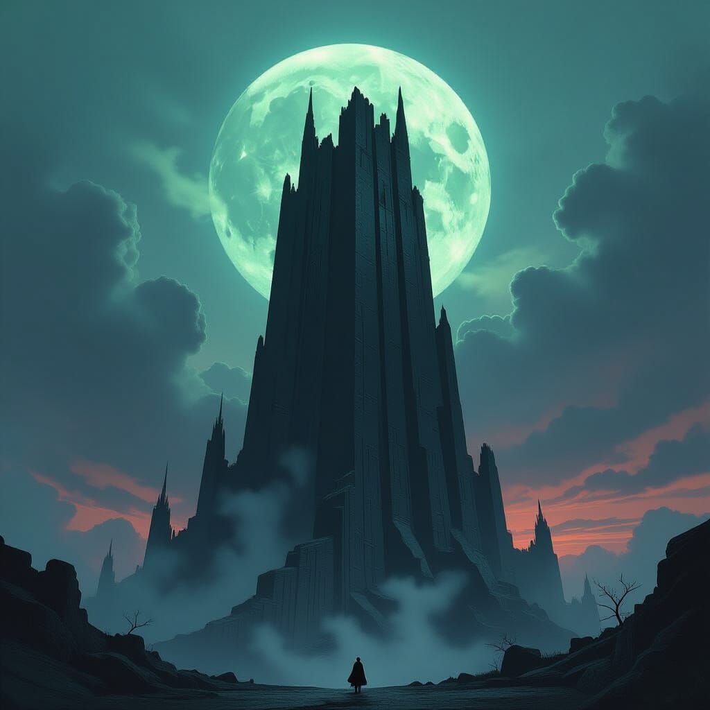Colossal Obsidian Tower Piercing Twilight Sky