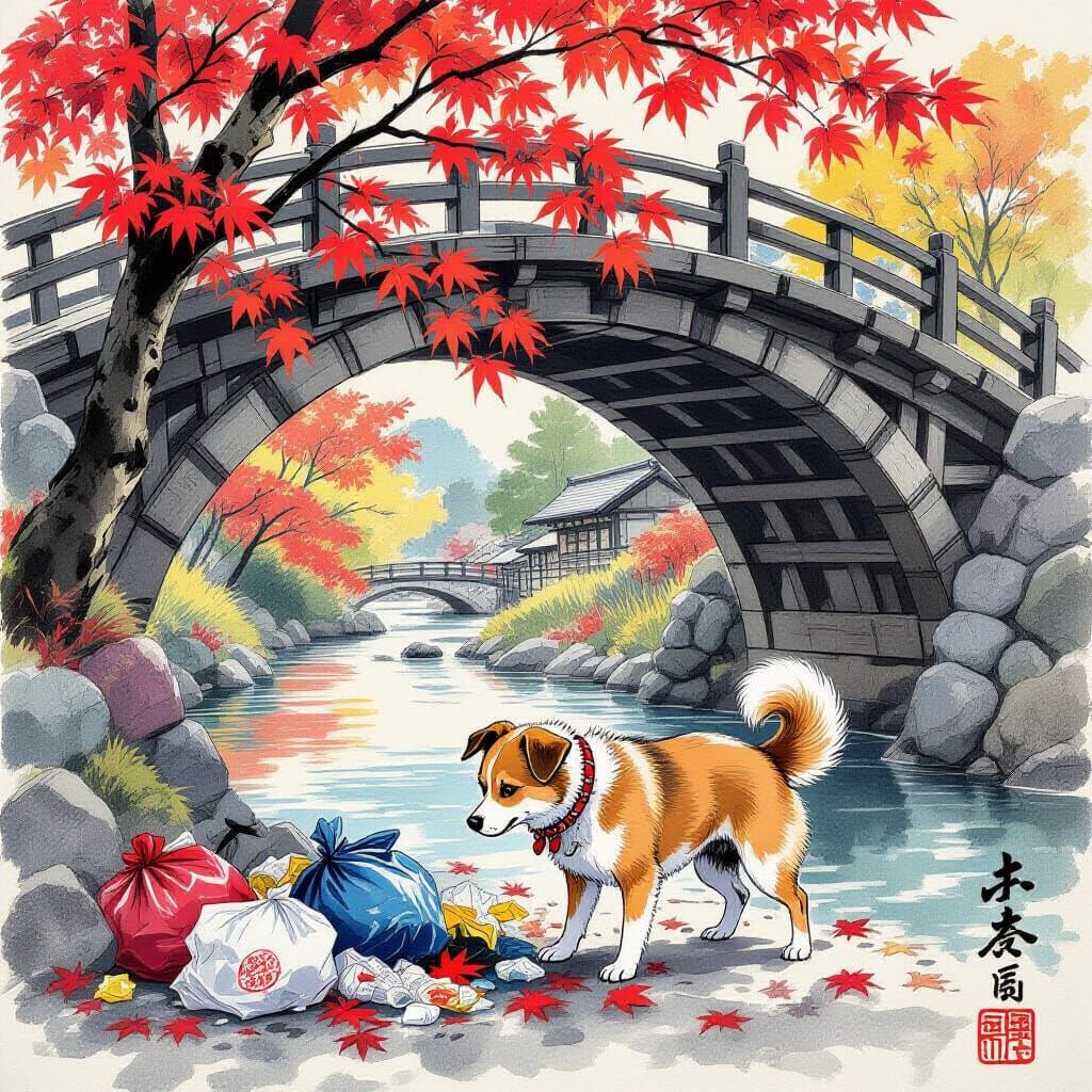 Stray Dog Rummages in Garbage, Ukiyo-e Style