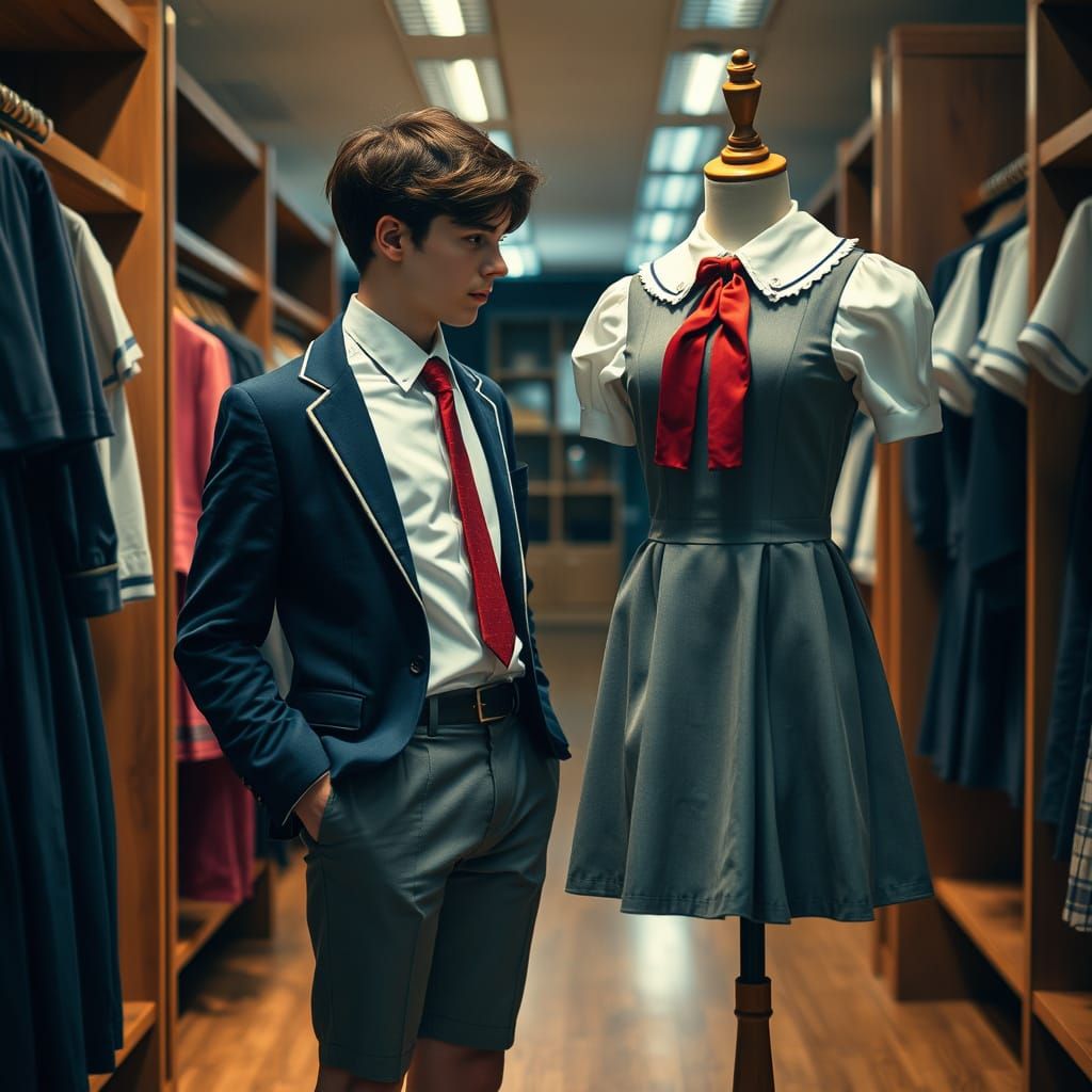 Young Man Longingly Gazing at Female School Uniform in Store