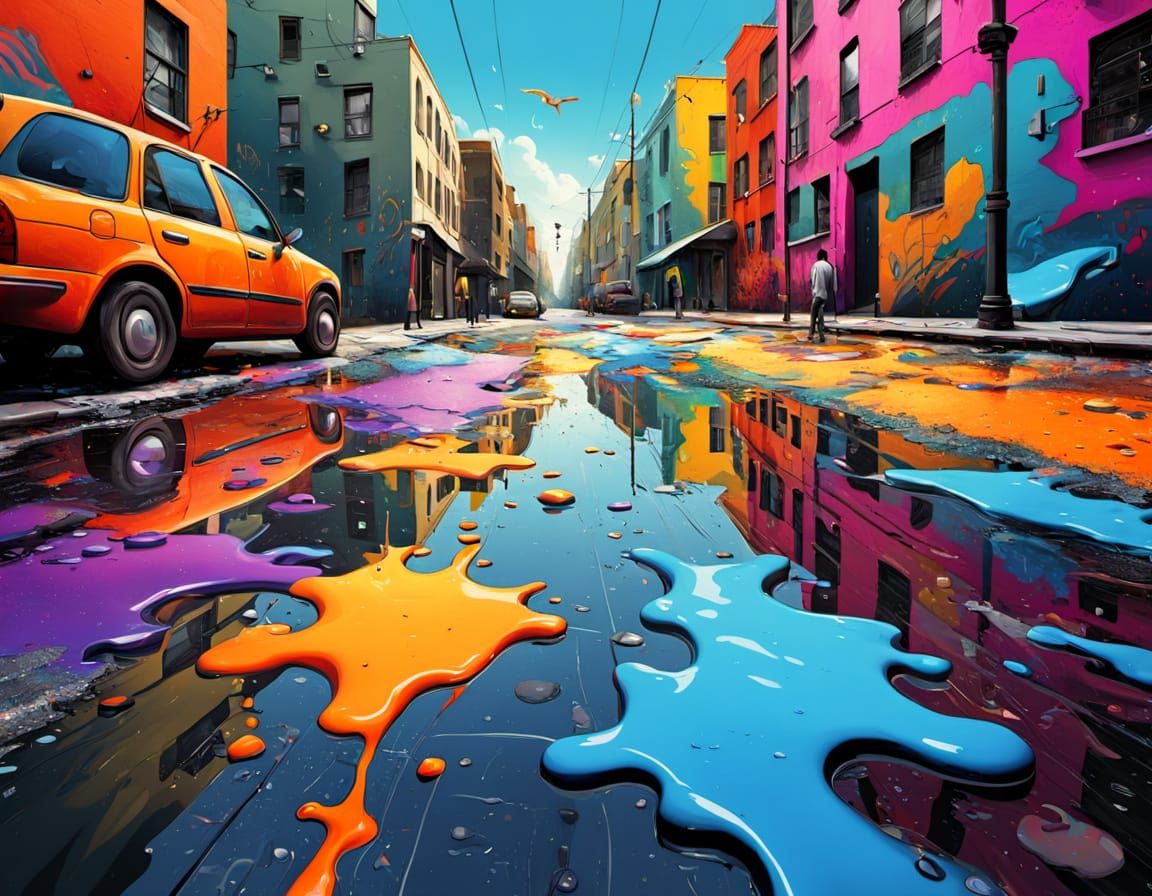 Surreal Polychromatic Cityscape in Abstract Expressionist St...