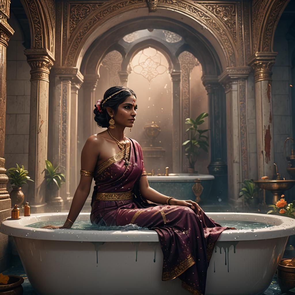 Beautiful Indian Girl in Bathtub: Detailed Matte Painting