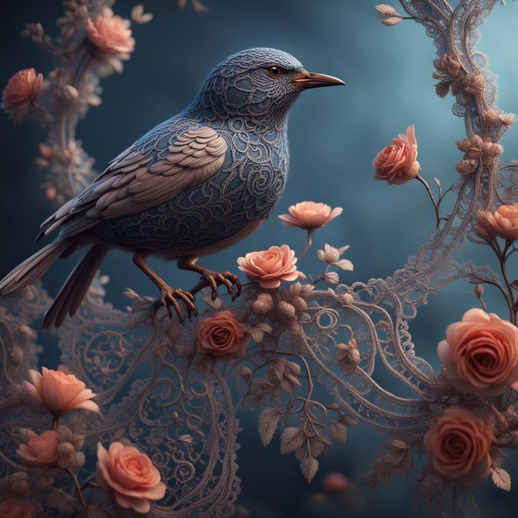 Lace Birds with Floral Accents: Digital Art