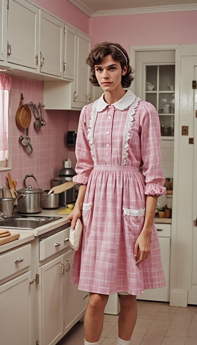Cross-Dressed Man in Kitchen: Cinematic Film Still