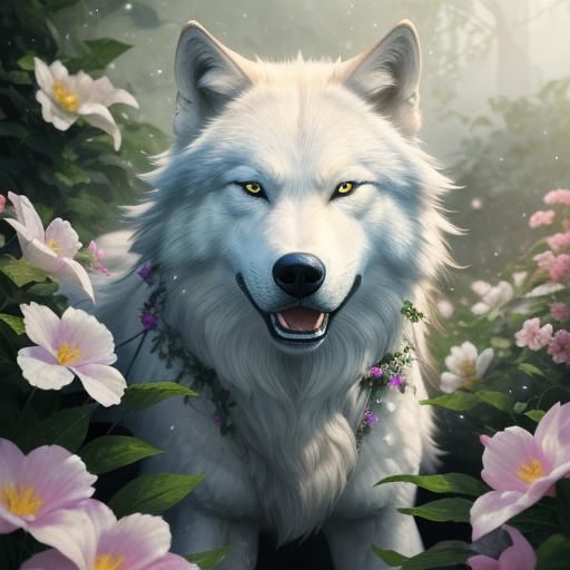 Great White Wolf in a Flower Garden