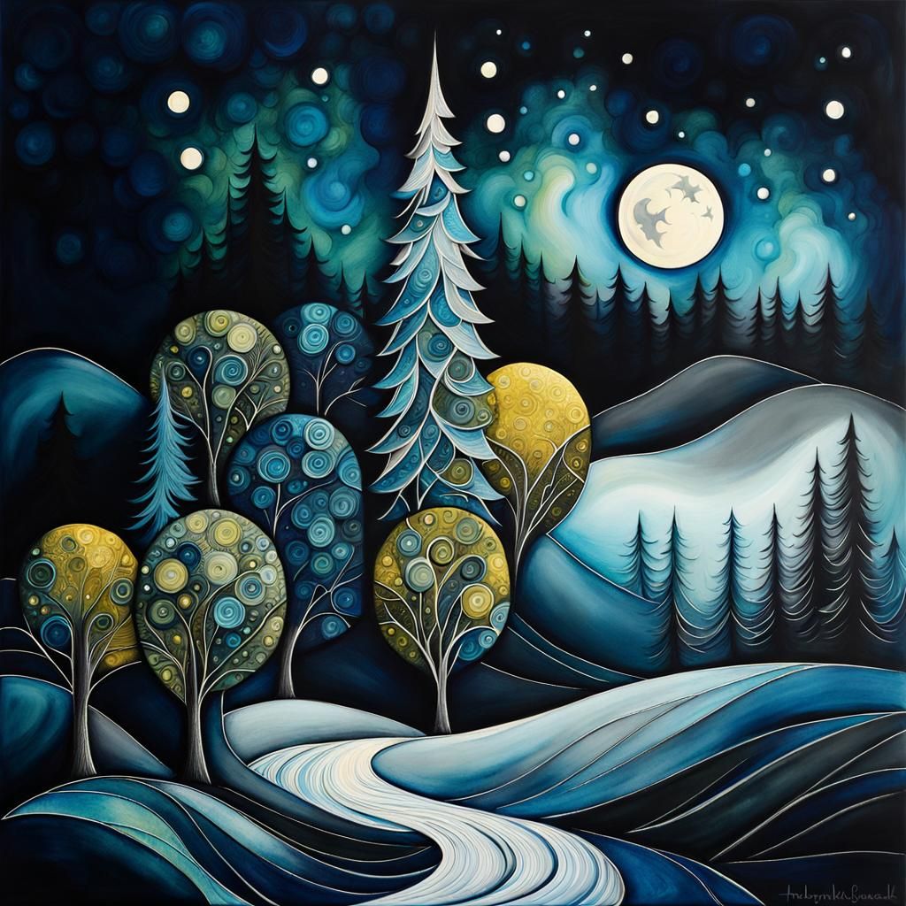 Moonlit Arabesque Forest in Cubist Alcohol Ink Style