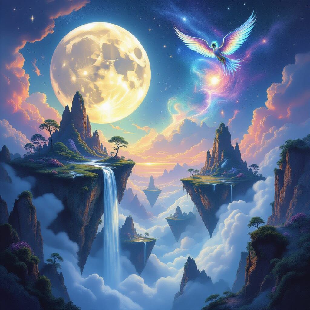 Surreal Dreamscape with Floating Islands and Winged Creature...
