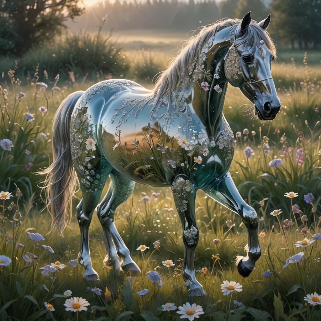 Glass Horse with Floral Etchings in Dewy Meadow