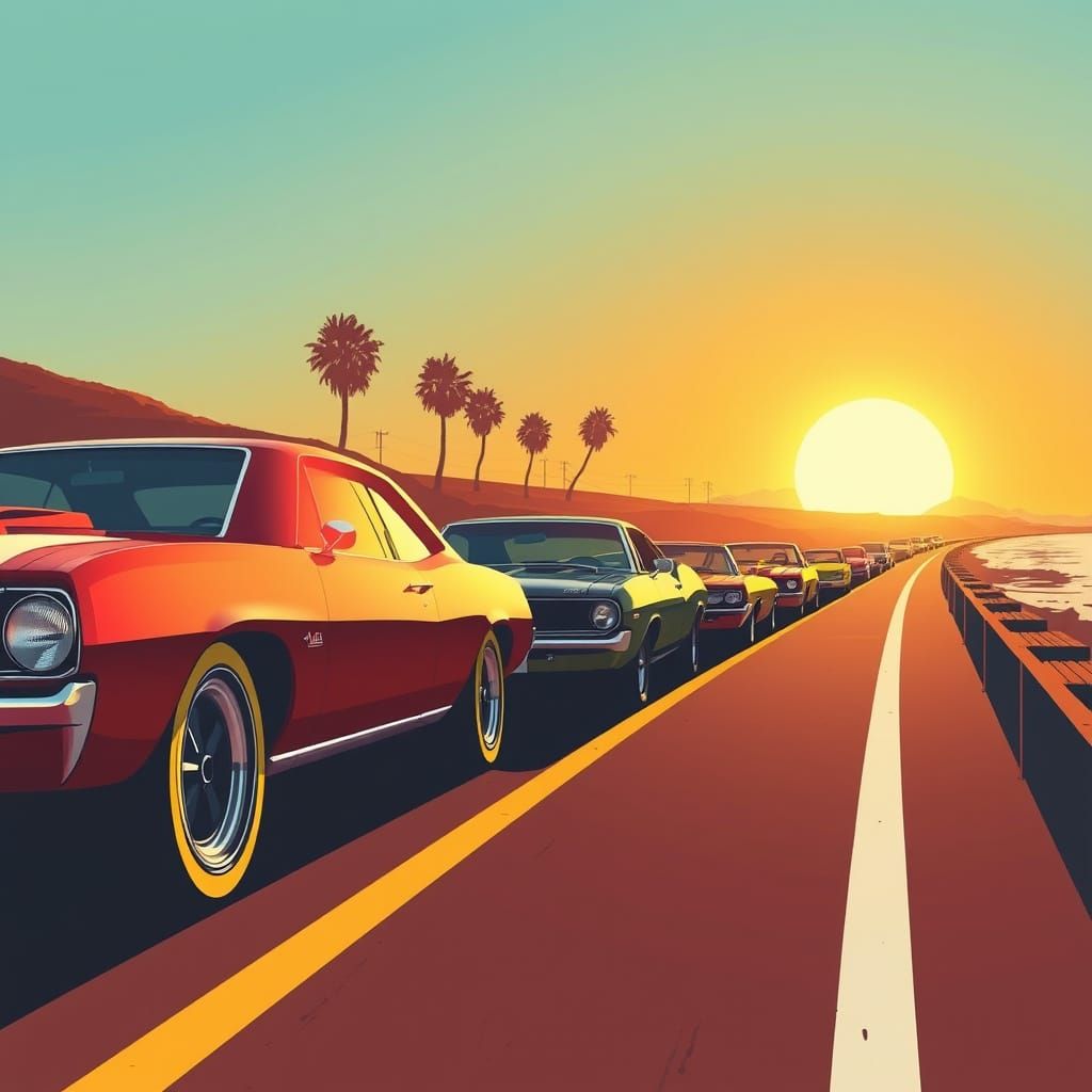 A lineup of iconic muscle cars from the 60s and 70s, bathed ...