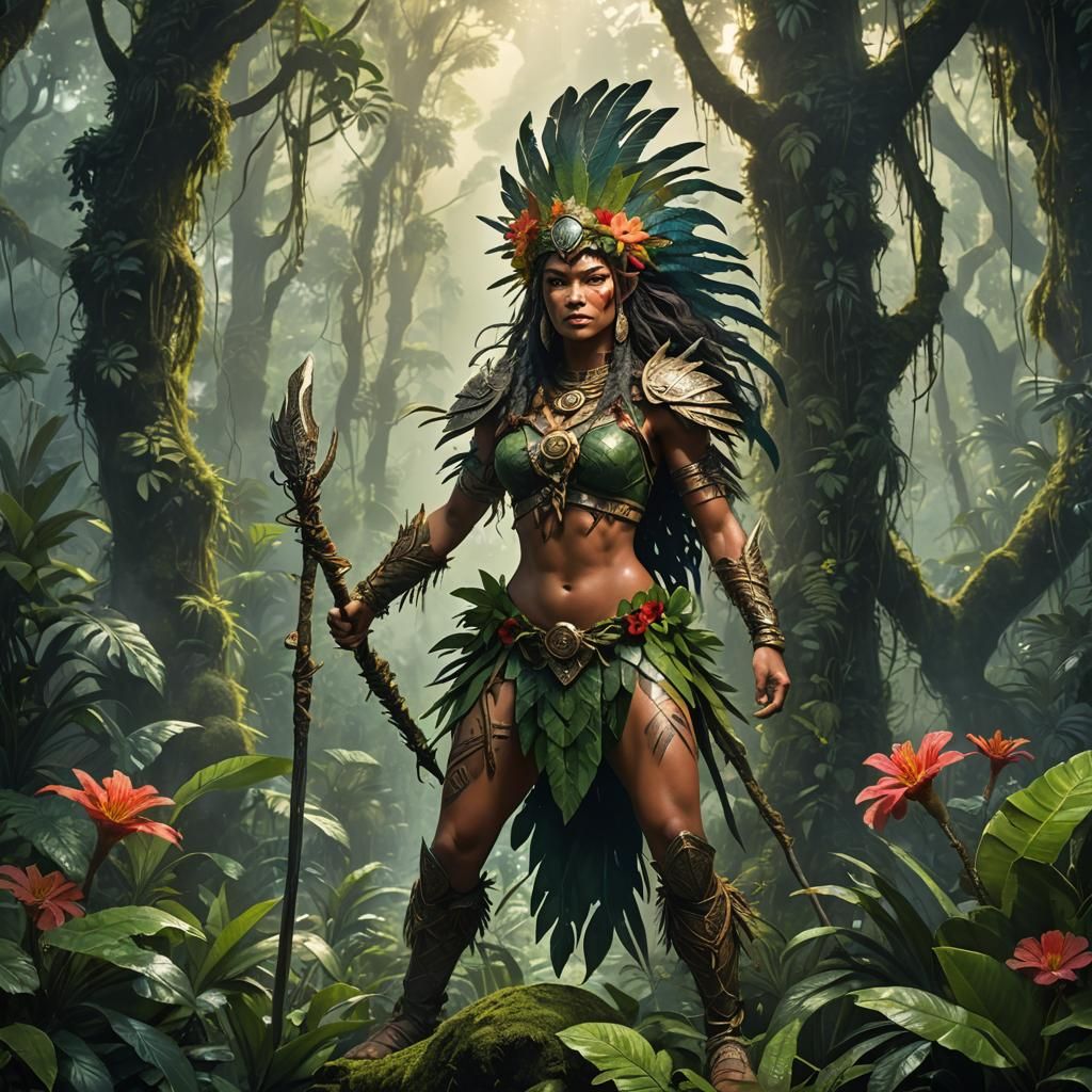 Fierce Amazon Warrior in Mystical Rainforest