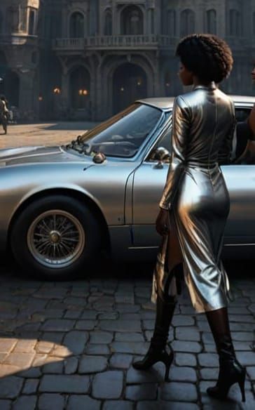 Elegant Women Enter Classic Ferrari in Vibrant Cityscape