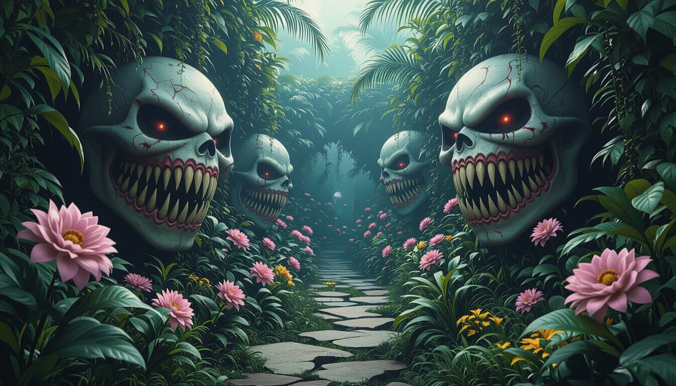 Eerie Garden with Evil-Faced Flowers