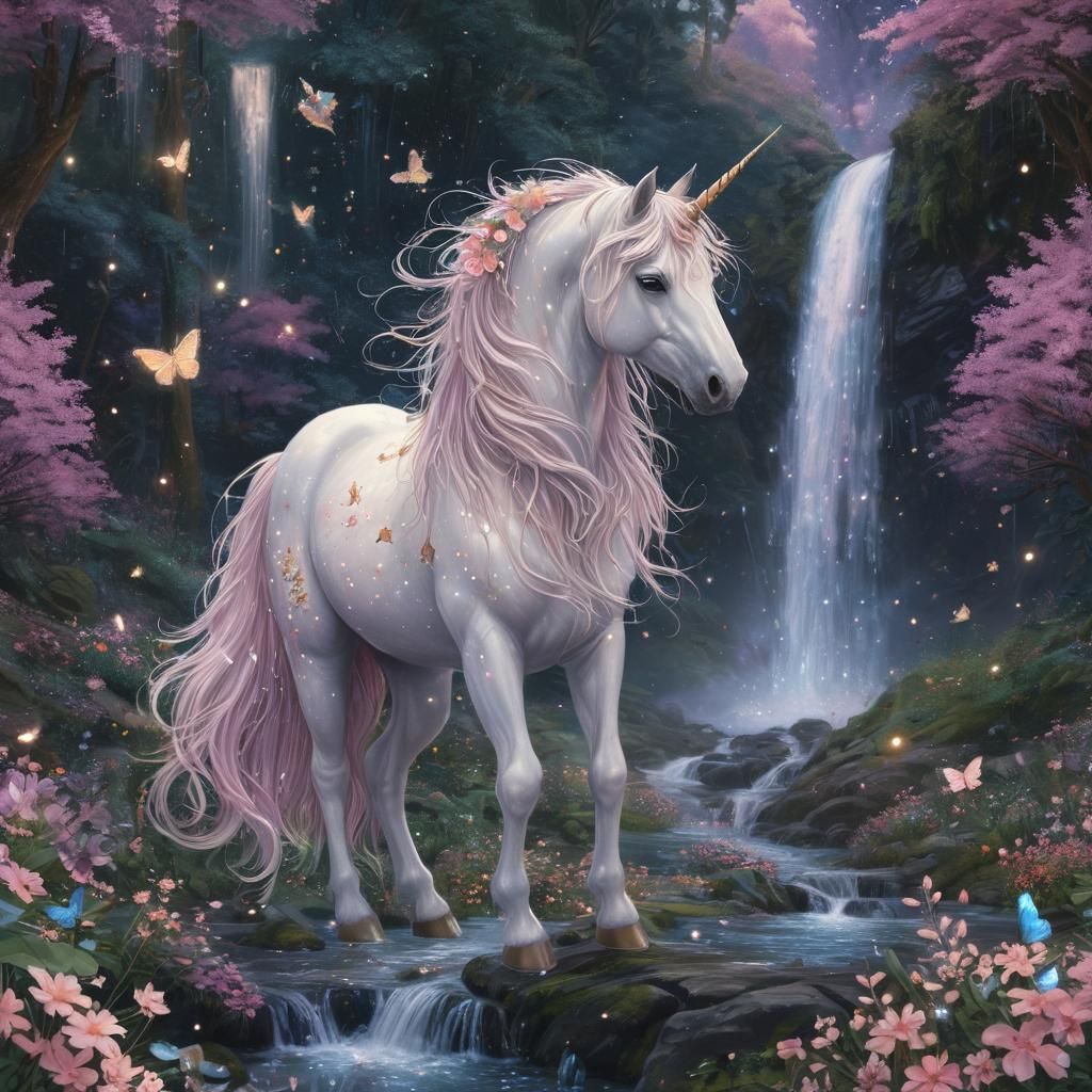 Unicorn in Magical Forest with Sparkling Waterfall