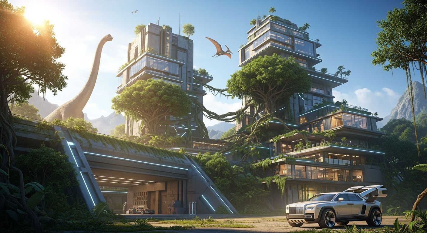Futuristic Residence Reclaimed by Nature with Dinosaurs