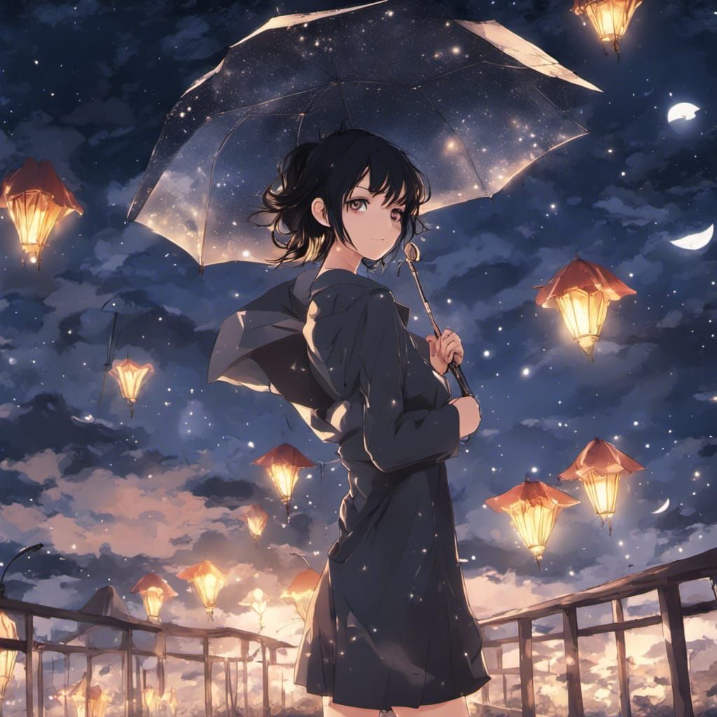 Woman with Starry Umbrella in Anime Style